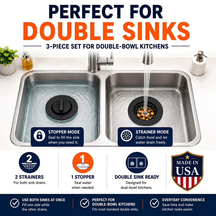 Stainless steel flex strainer 2-in-1 double sink drain set with black stopper and dishwasher safe clog-free design