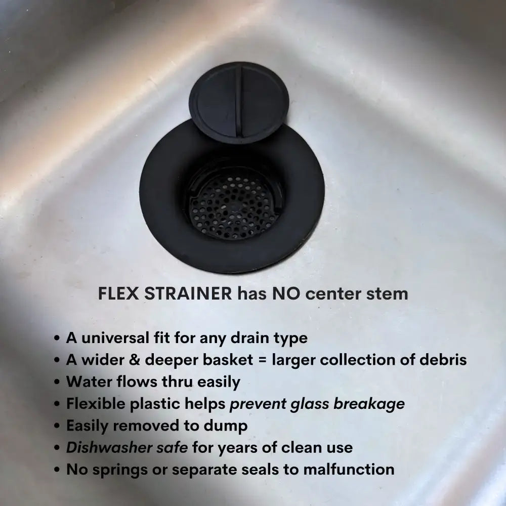 Black flexible plastic flex strainer 2-in-1 with removable lid and perforated basket for sink clog-free use dishwasher safe