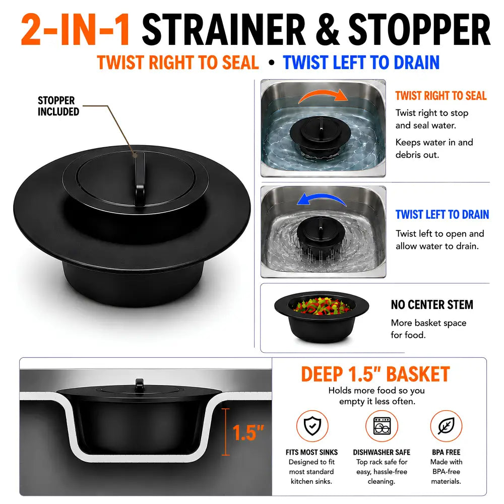 Black flex strainer 2-in-1 sink strainer and stopper with deep basket for sink clog-free use and dishwasher safe cleaning