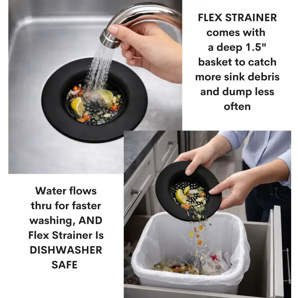 Black flexible flex strainer 2-in-1 sink strainer and stopper with deep 1.5-inch basket for sink clog-free use, dishwasher safe