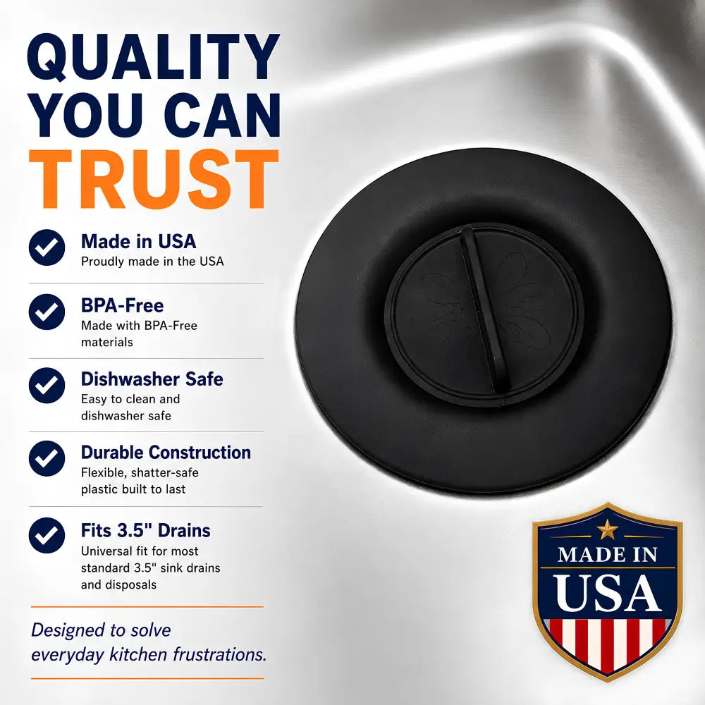 Black matte-finish plastic flex strainer 2-in-1 sink strainer and stopper with central lever for sink clog-free use and dishwasher safe cleaning