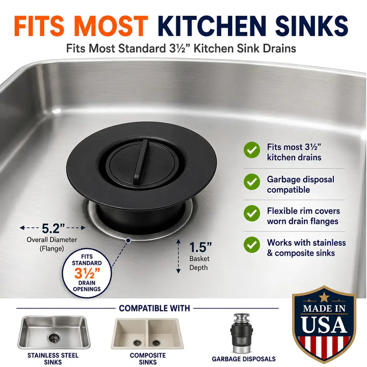 Black rubber flex strainer 2-in-1 kitchen sink stopper with central handle for sink clog-free use and dishwasher safe cleaning