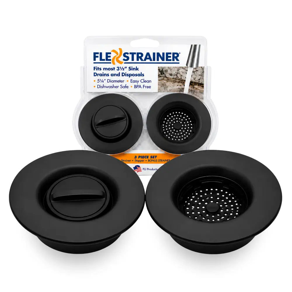 Black silicone flex strainer 2-in-1 sink strainer and stopper set for sink clog-free and dishwasher safe use