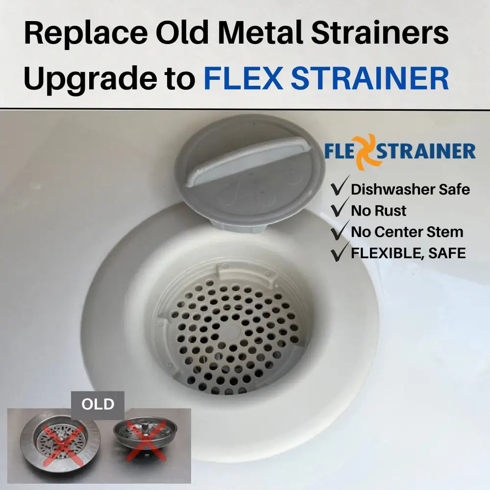 Gray plastic flex strainer 2-in-1 kitchen sink strainer with hinged lid and perforated base for dishwasher-safe use