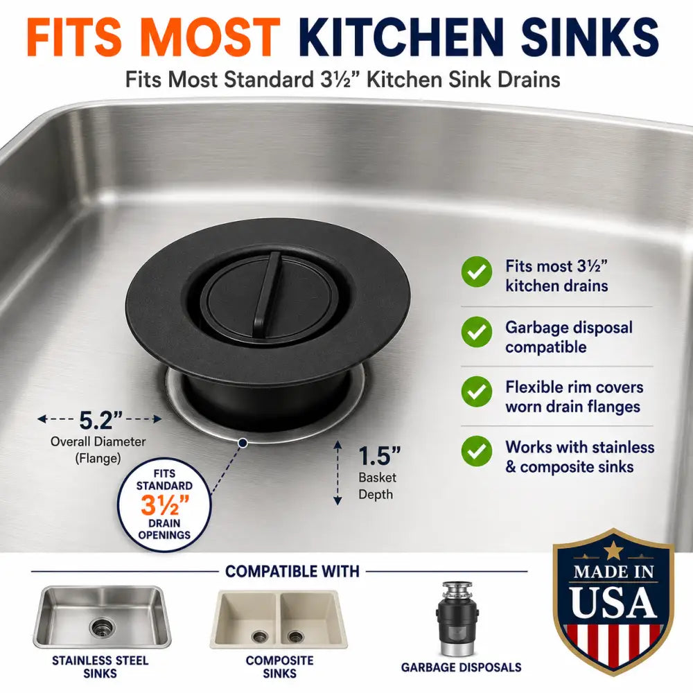 Black rubber flex strainer 2-in-1 kitchen sink strainer and stopper with central handle for standard 3½ kitchen sinks