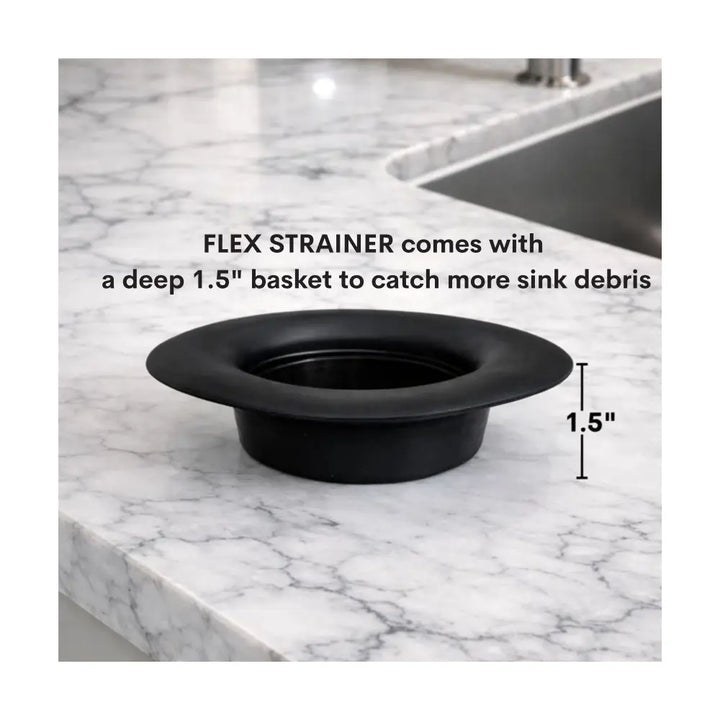 Black plastic flex strainer 2-in-1 kitchen sink strainer with deep 1.5-inch basket for catching sink debris