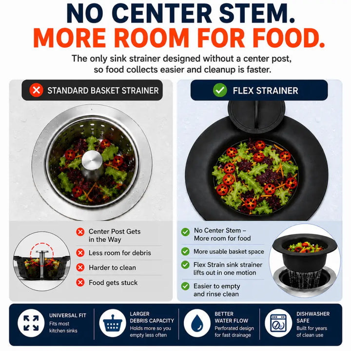 Black flex strainer 2-in-1 kitchen sink strainer with flexible perforated design for easy drainage and dishwasher safe use