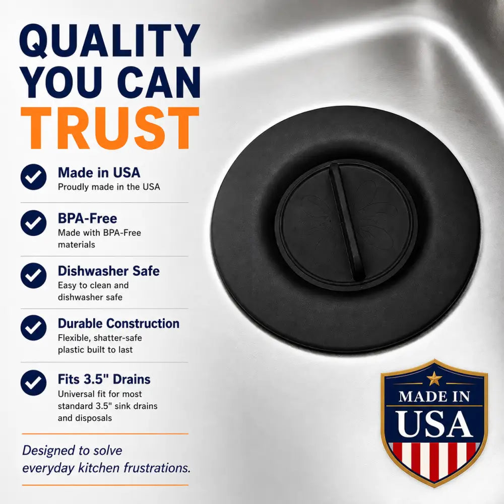 Black durable plastic flex strainer 2-in-1 kitchen sink strainer and stopper with a sleek circular design and central lever