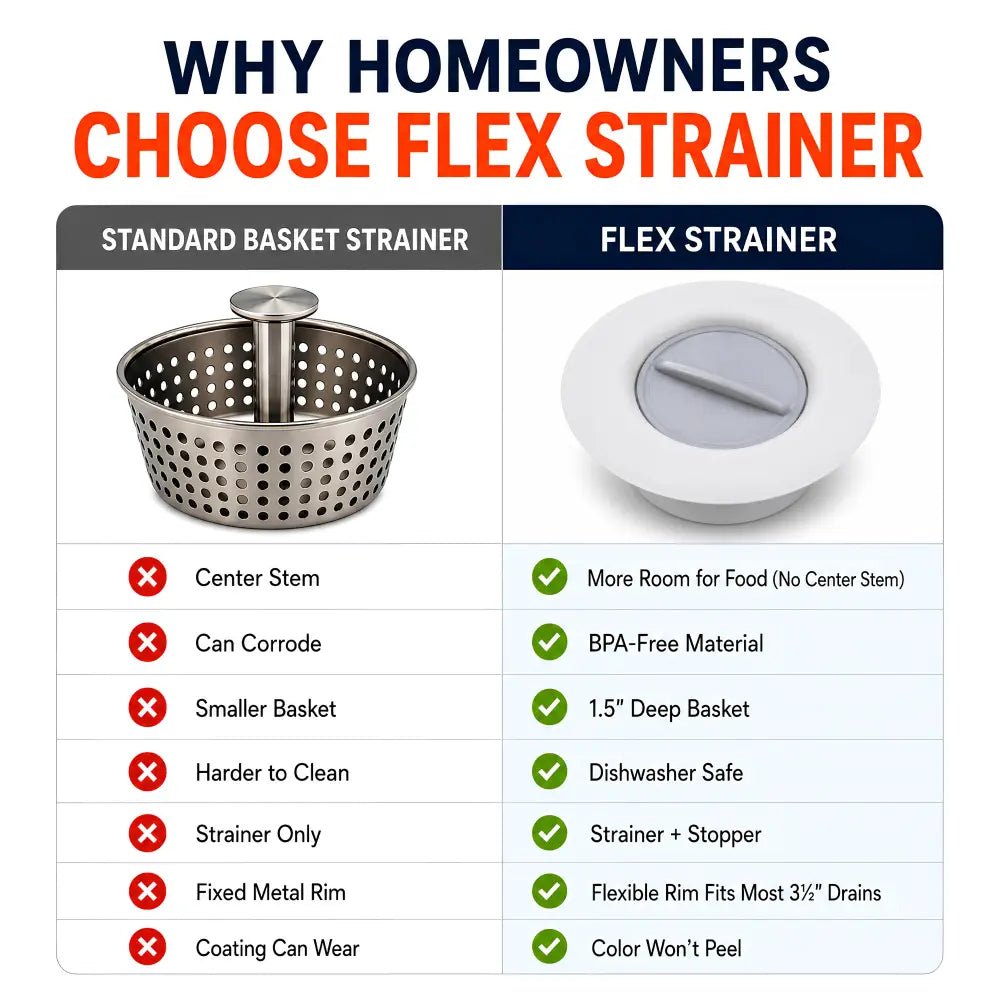 Flex strainer 2-in-1 kitchen sink strainer and stopper with white plastic and gray center stopper for kitchen sink use