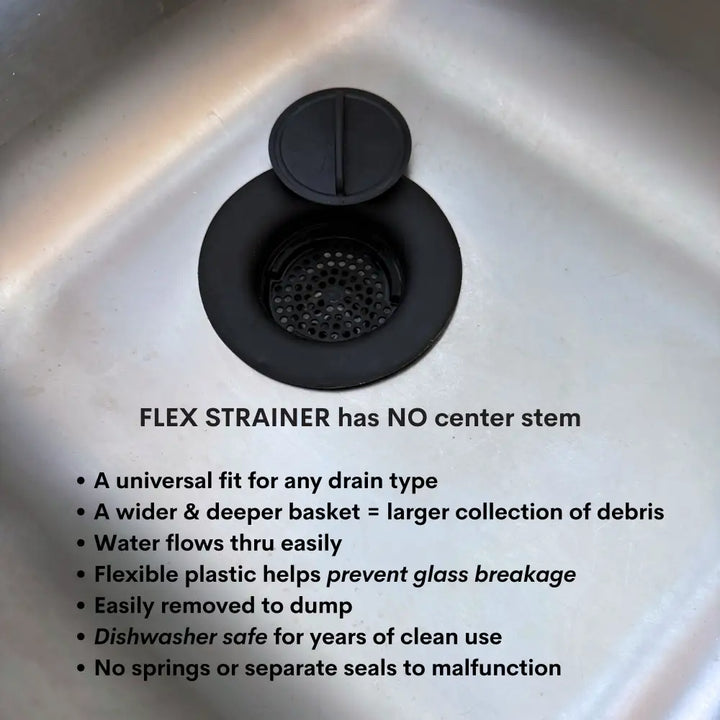 Black flexible plastic flex strainer 2-in-1 kitchen sink strainer with circular perforated basket for kitchen sink use