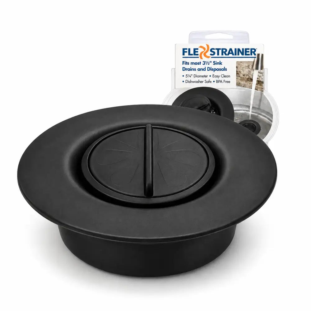 Black plastic flex strainer 2-in-1 kitchen sink strainer with circular design and central handle for kitchen sink use