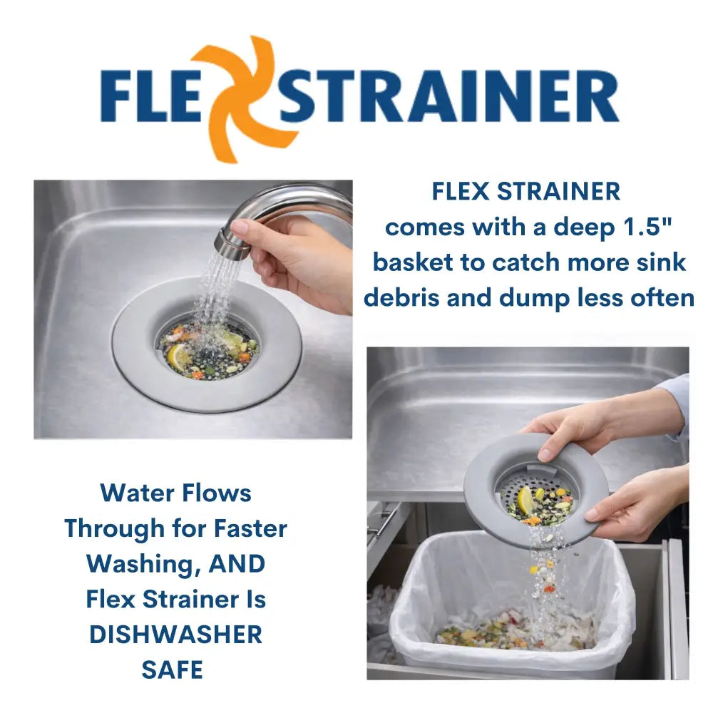 Gray flexible flex strainer 2-in-1 kitchen sink strainer with deep 1.5-inch basket and perforated design for food debris