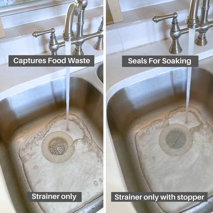 Clear plastic flex strainer 2-in-1 kitchen sink strainer with circular perforations and matching stopper for sink drain sealing