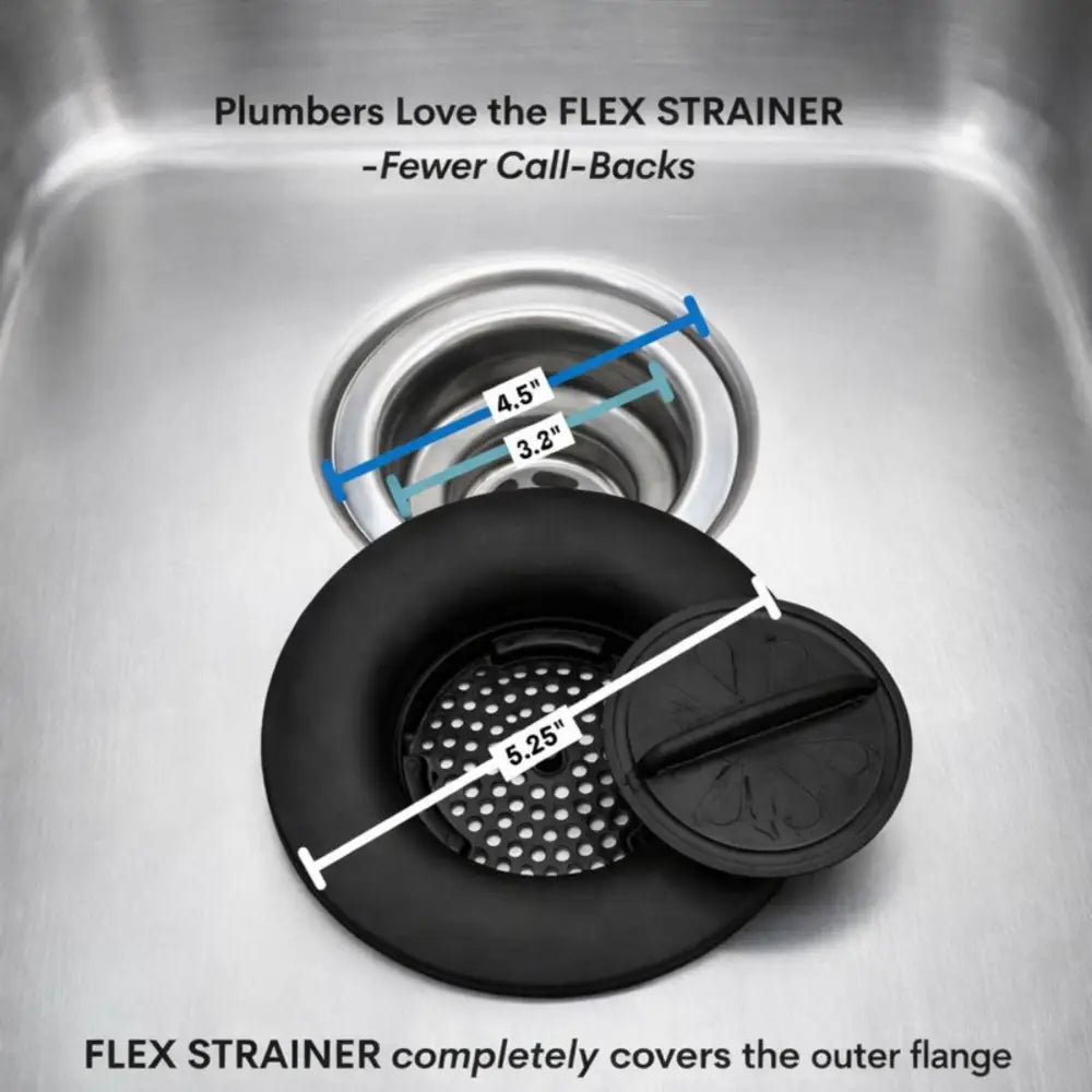 Black flexible kitchen sink strainer with perforated center and snap-on lid for flex strainer 2-in-1 use