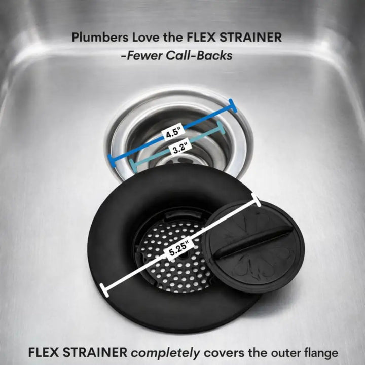 Black flexible kitchen sink strainer with perforated center and snap-on lid for flex strainer 2-in-1 use