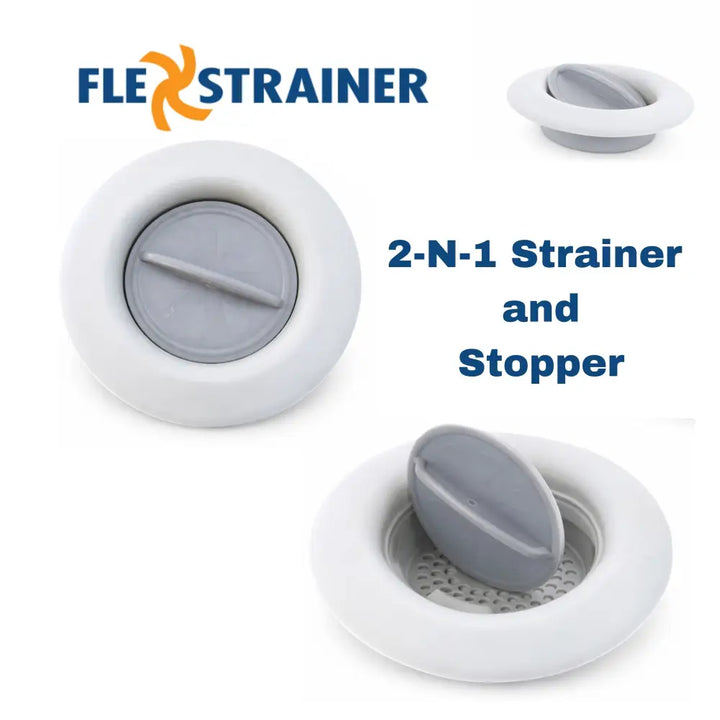 White and gray plastic flex strainer 2-in-1 kitchen sink strainer and stopper with flip-top lid for sink drainage