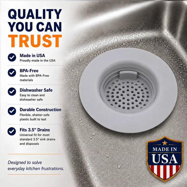 Gray flexible plastic flex strainer kitchen sink drain strainer with perforated design and hinged flap for easy cleaning