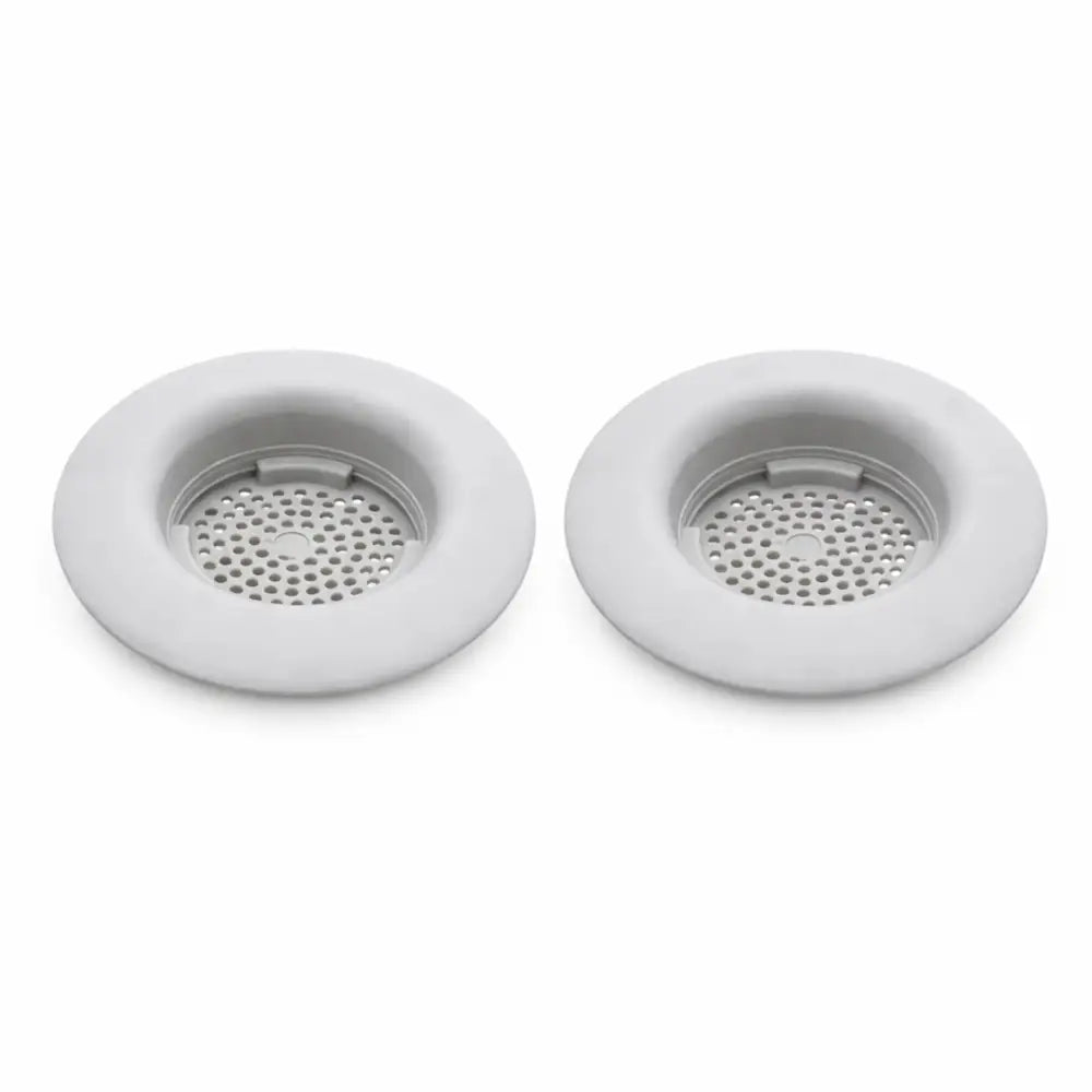 Two white silicone flex strainer kitchen sink drain strainers with perforated center and flared rim for kitchen sink stopper