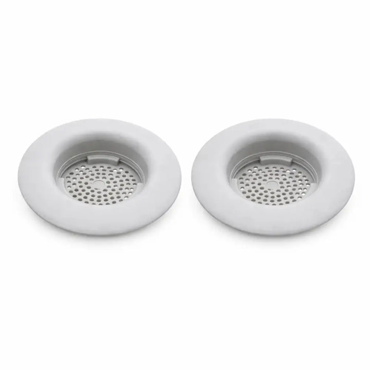 Two white silicone flex strainer kitchen sink drain strainers with perforated center and flared rim for kitchen sink stopper