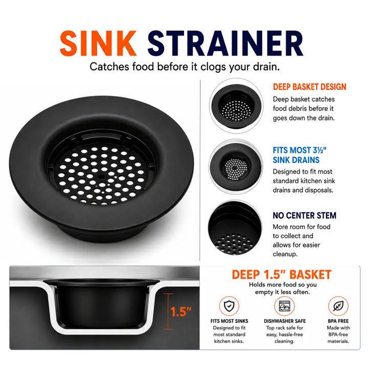 Black flex strainer kitchen sink drain strainer with deep 1.5 inch perforated basket for catching food debris