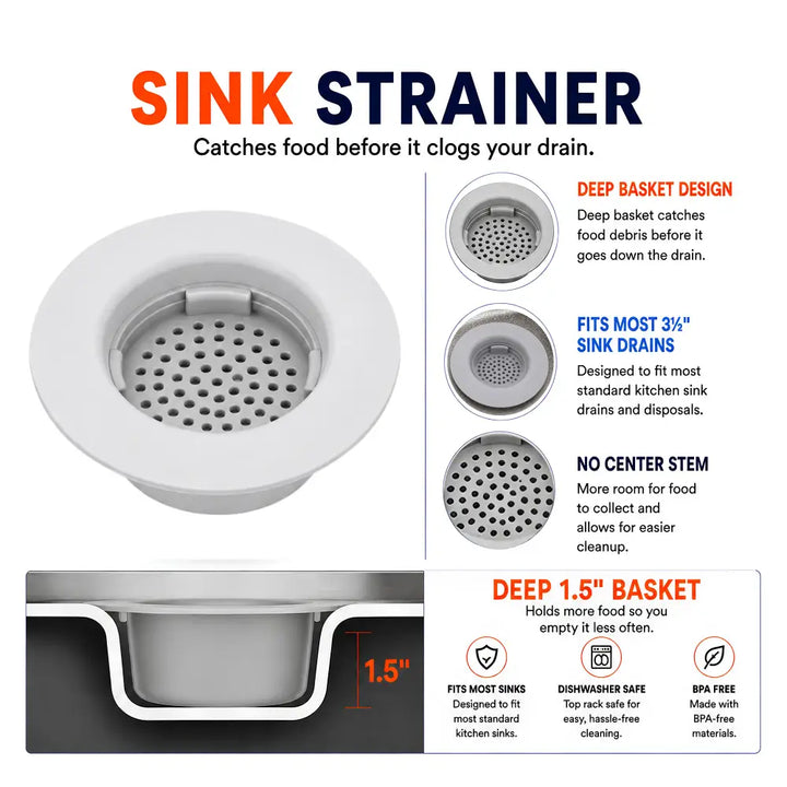 White plastic flex strainer kitchen sink basket strainer with deep basket design and perforated metal insert