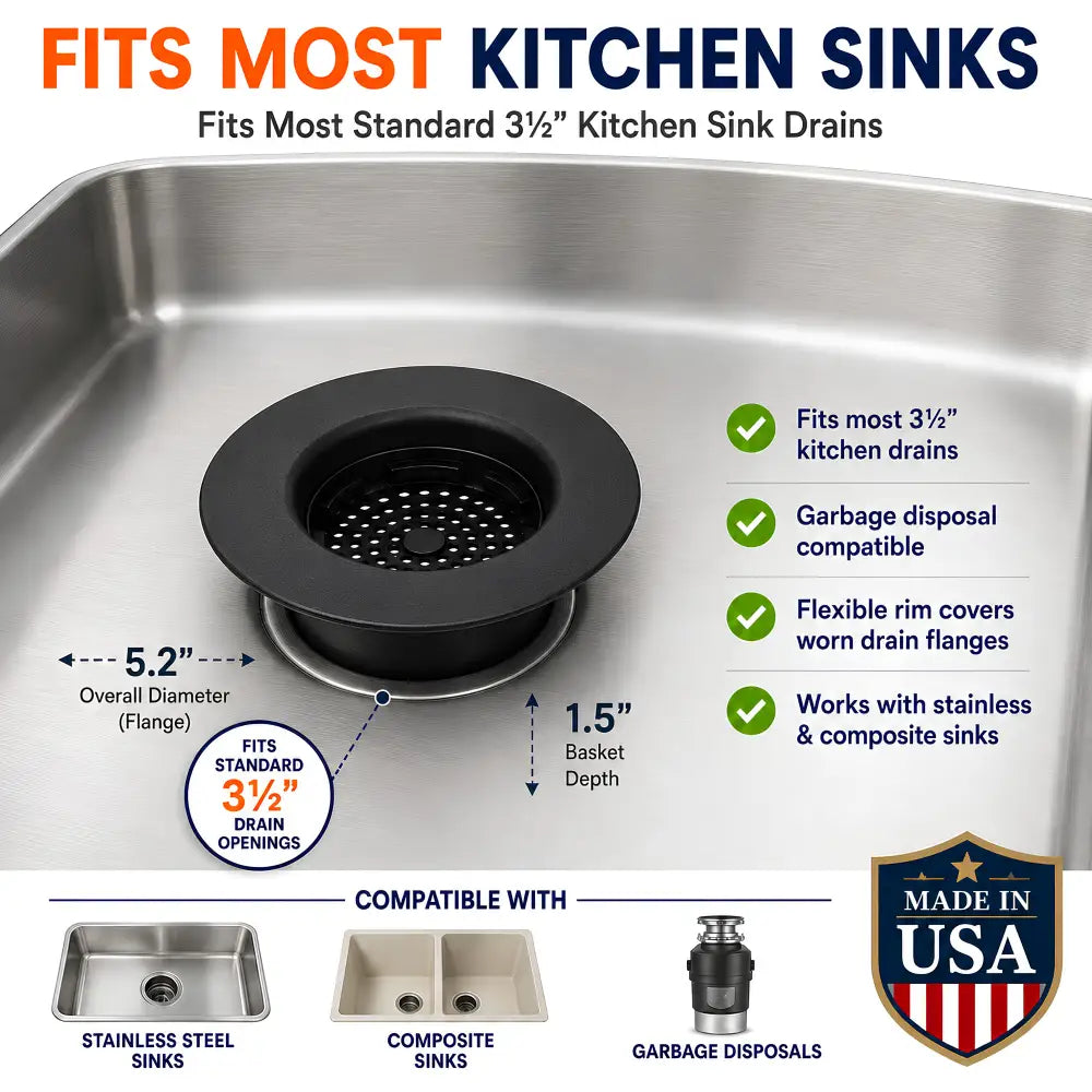 Black rubber flex strainer kitchen sink basket strainer with perforated center and flexible rim for 3½ inch drain