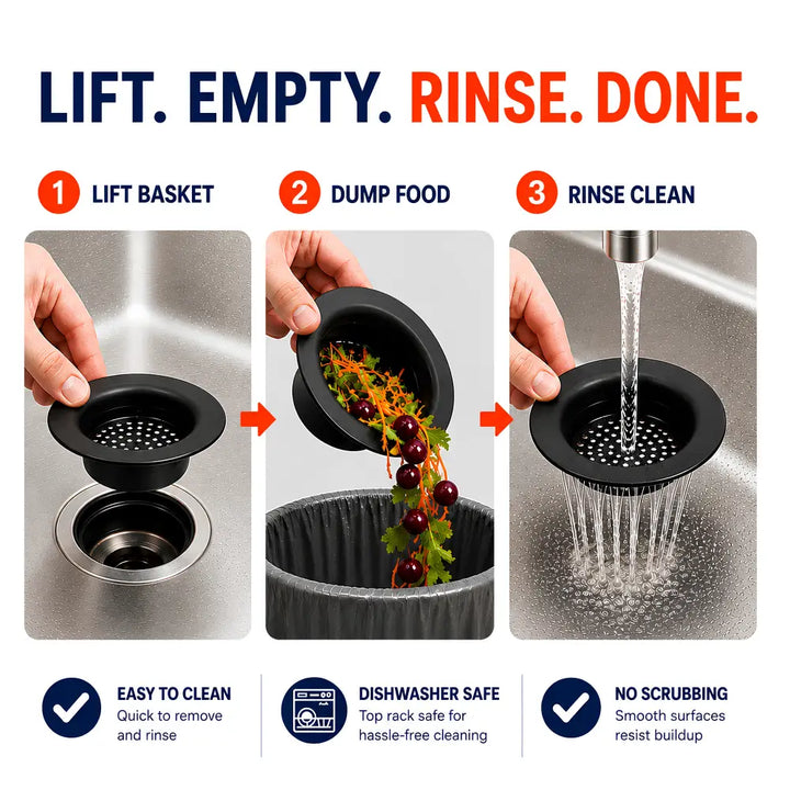 Black plastic flex strainer kitchen sink drain strainer with perforated surface and removable basket design