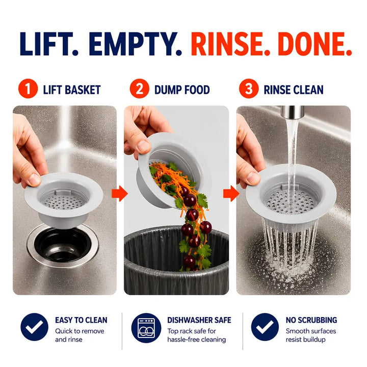 Gray plastic flex strainer kitchen sink basket strainer with perforated design for easy food waste removal and dishwasher safe