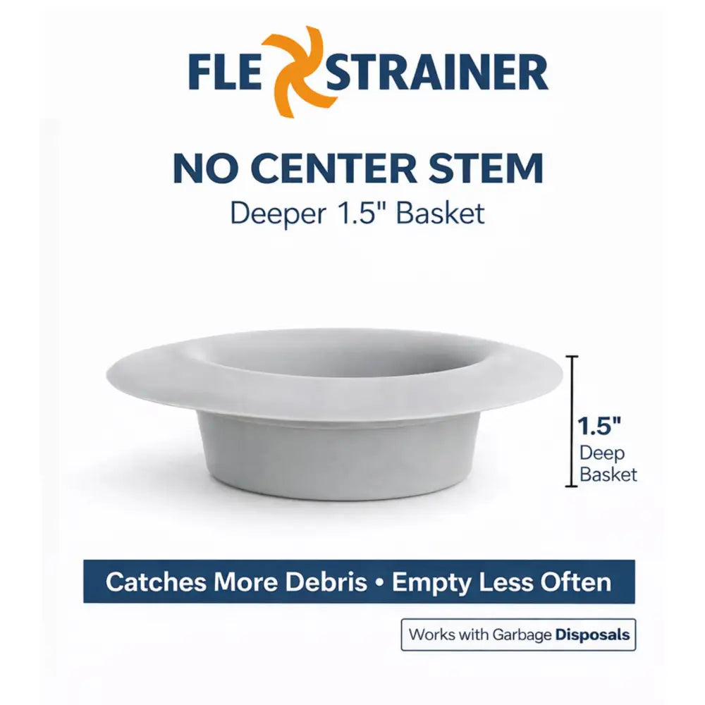 Gray plastic flex strainer kitchen sink basket strainer with no center stem and deeper 1.5-inch basket for sink drains