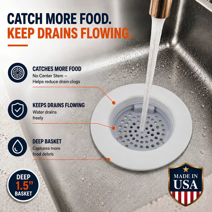 White and gray plastic flex strainer kitchen sink drain strainer with deep 1.5-inch basket for catching debris