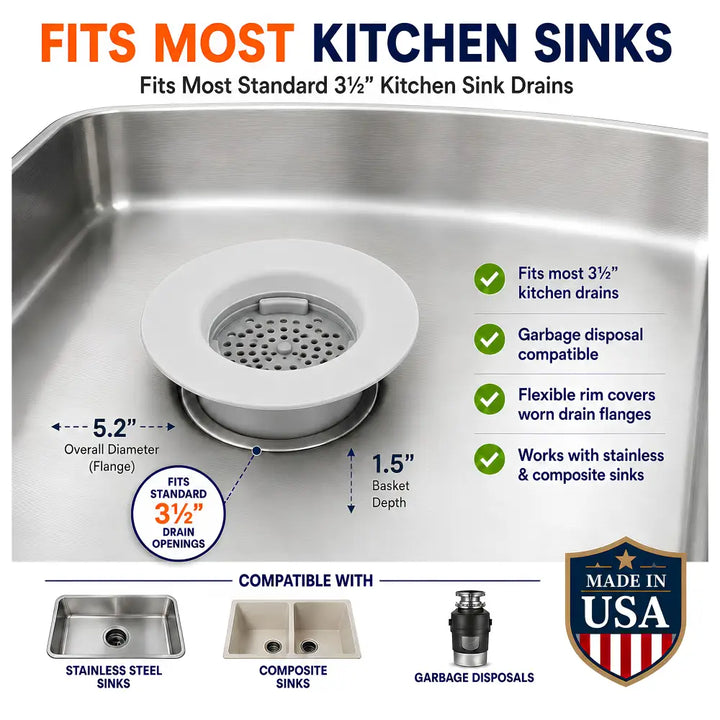 White flex strainer kitchen sink drain strainer with perforated center and metallic base for 3½ sink drains