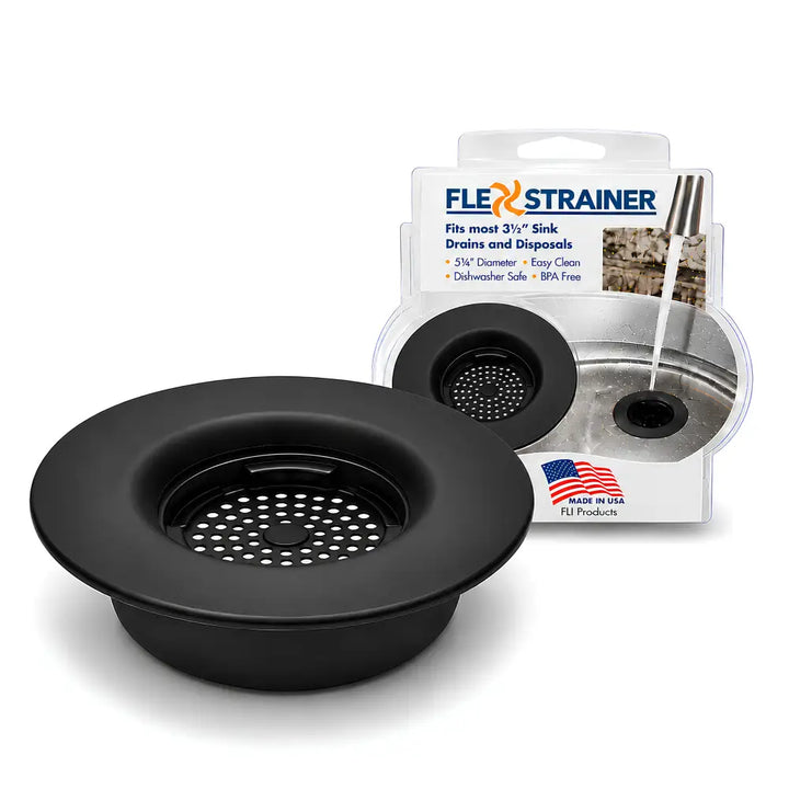 Black plastic flex strainer kitchen sink drain strainer with perforated surface and flared rim stopper