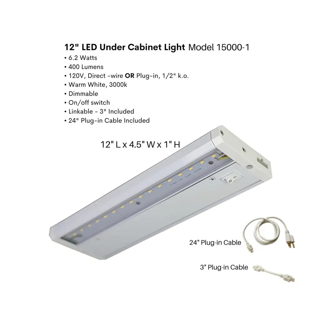 White 12-inch dimmable led under cabinet light by FLI Products with integrated switch for cabinet lighting and closet lights
