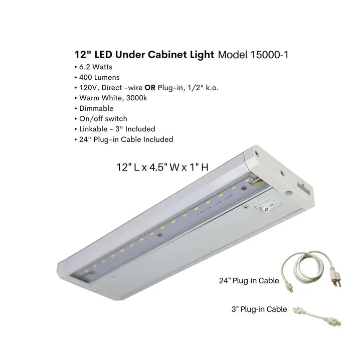 White 12-inch dimmable led under cabinet light by FLI Products with integrated switch for cabinet lighting and closet lights