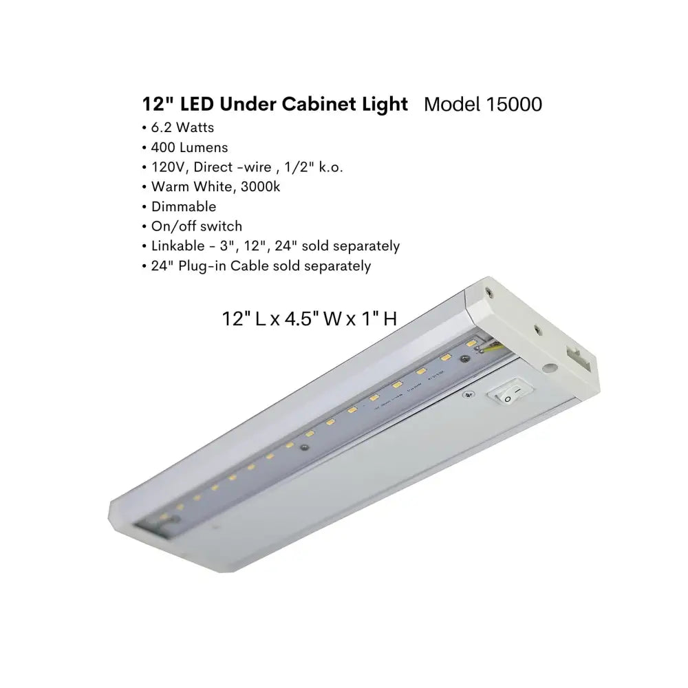 White 12-inch led cabinet task light by FLI Products with sleek rectangular design and integrated on/off switch