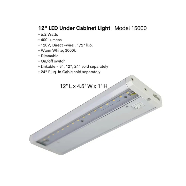 White 12-inch led cabinet task light by FLI Products with sleek rectangular design and integrated on/off switch
