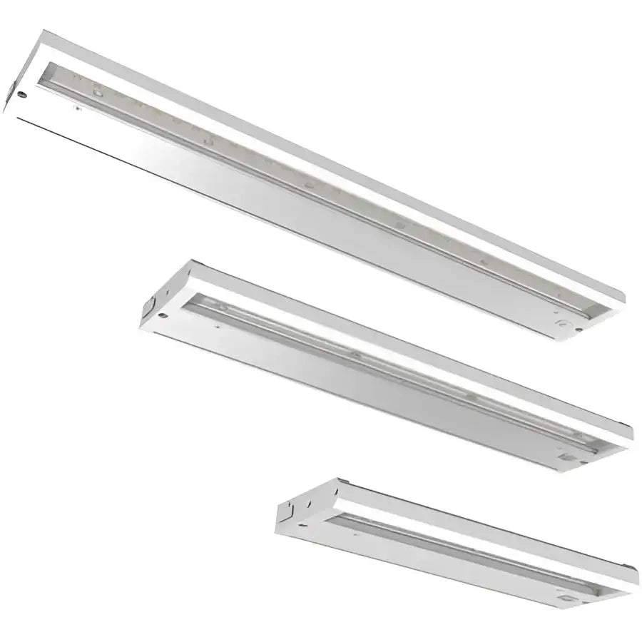 Three sleek modern 12 inch fliproducts led cabinet task lights with polished chrome minimalist rectangular design 400 lumen