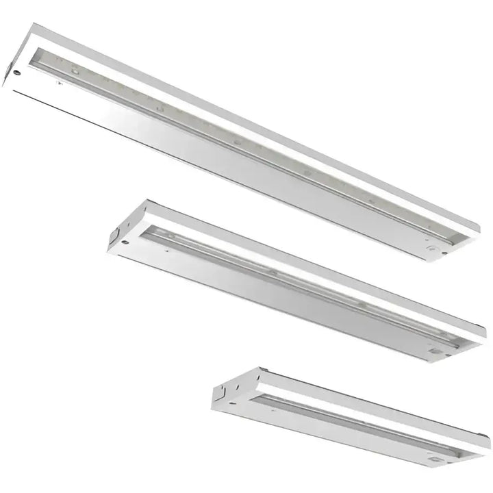 Three sleek modern 12 inch fliproducts led cabinet task lights with polished chrome minimalist rectangular design 400 lumen