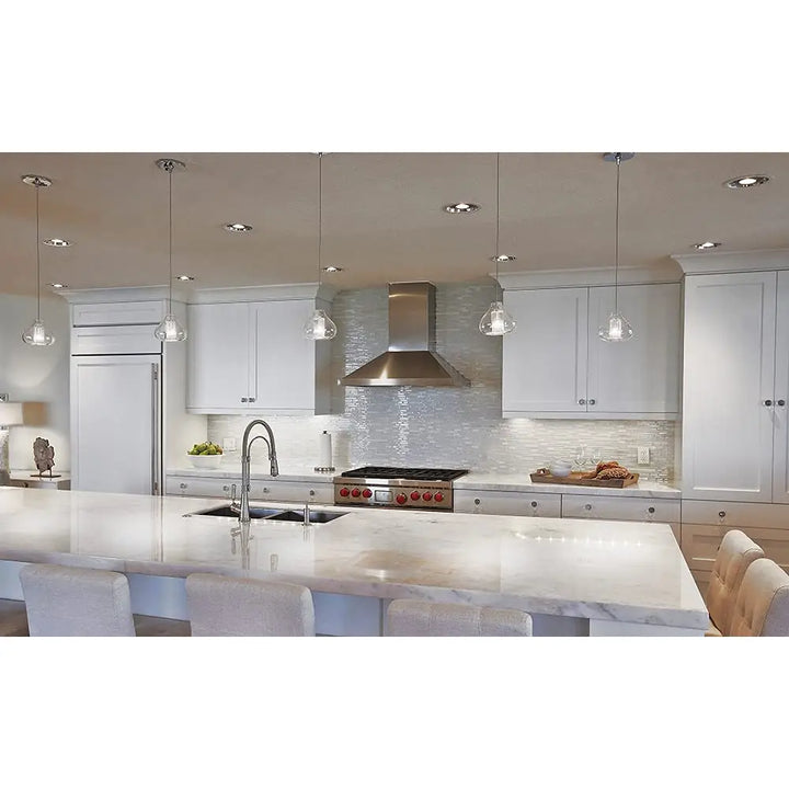 Stainless steel range hood with red knobs shown alongside FLI Products 12 inch cabinet led under cabinet task light