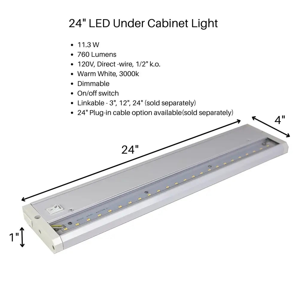 FLI Products 24 inch cabinet task light with sleek silver finish wire switch dimmable warm white LED illumination