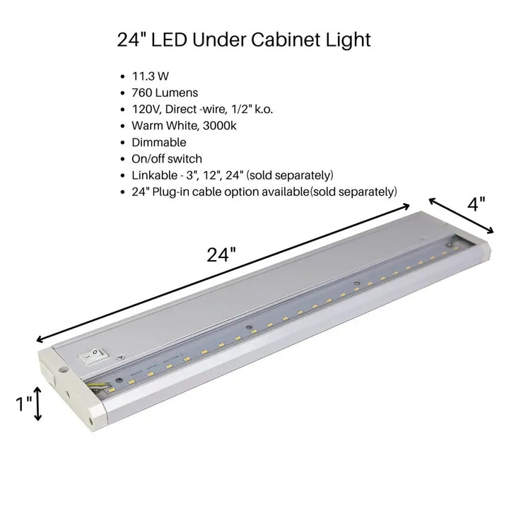 FLI Products 24 inch cabinet task light with sleek silver finish wire switch dimmable warm white LED illumination