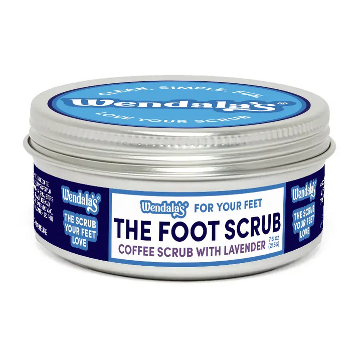 Foot scrub coffee brown sugar lavender by Wendala in a silver tin with organic coconut for exfoliating coffee scrubs