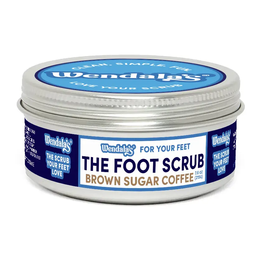 Wendala coffee brown sugar vanilla foot scrub in silver tin with blue white labeling featuring organic coconut and coffee scrubs
