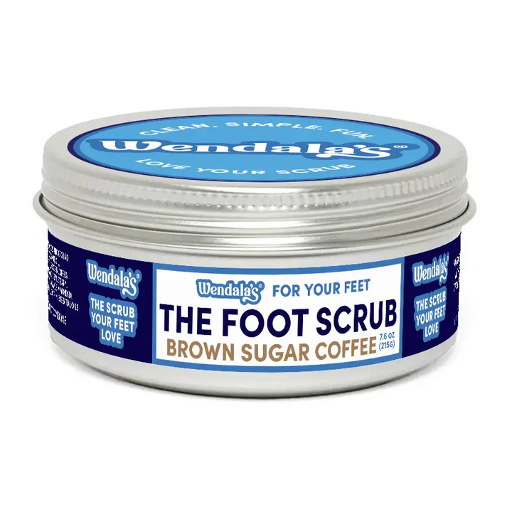 Wendala coffee brown sugar vanilla foot scrub in silver tin with blue white labeling featuring organic coconut and coffee scrubs