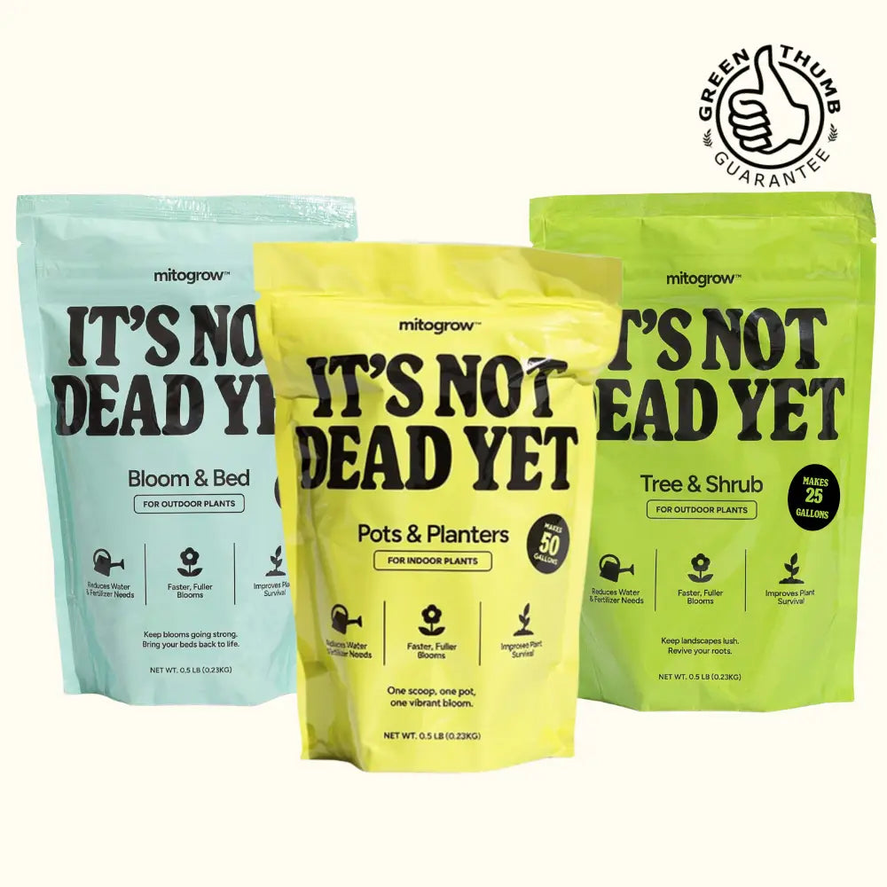 Three colorful resealable half-pound bags of mitogrow plant fertilizer in garden bundle with bold black text design