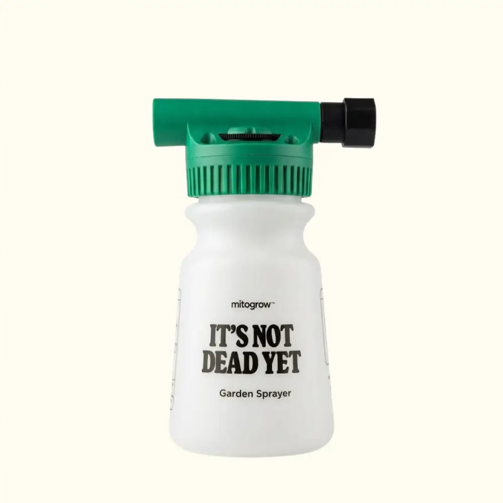White plastic garden sprayer with green and black nozzle featuring mitogrow brand and its not dead yet slogan