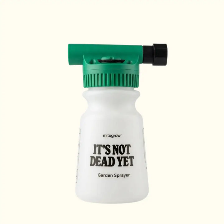 White plastic mitogrow garden sprayer with green black nozzle and its not dead yet slogan for bio-stimulant use