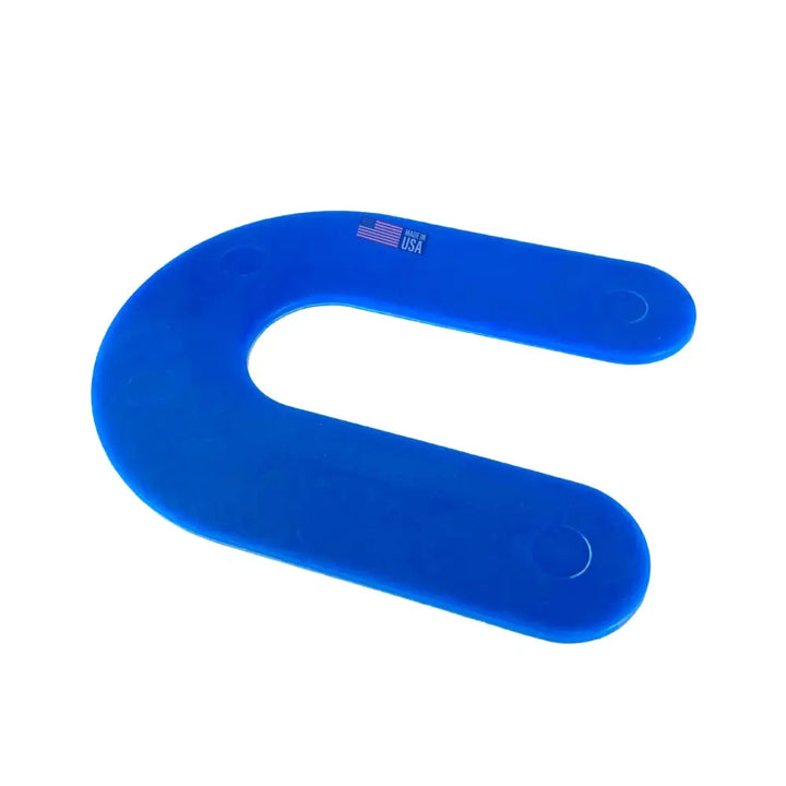Bright blue plastic glazelock compact u-shaped horseshoe shim with circular indentations and american flag logo