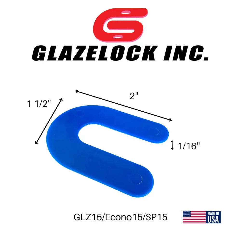 Blue u-shaped plastic glazelock shims from glazelock inc for compact horseshoe shims 2 by 1-1/2 inches with 1/2 inch slot