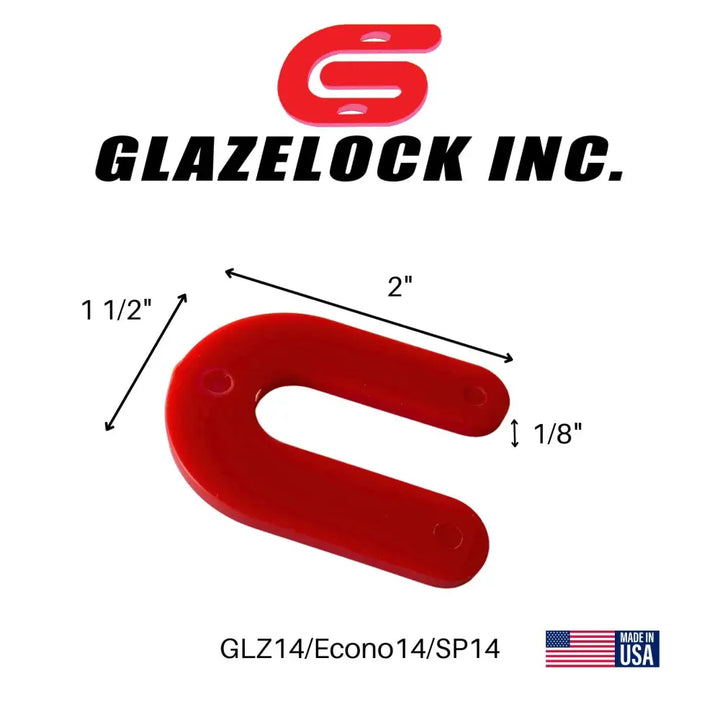 Red u-shaped plastic glazelock shims model glz14 with 2 x 1-1/2 inch size and 1/2 inch slot for horseshoe use